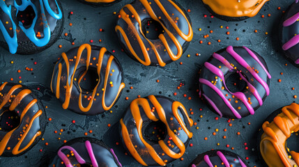 colorful vivid  glazed donuts with vibrant drips and sprinkles, ideal for halloween festive 