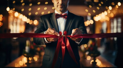 A faceless man in formal attire is ceremoniously cutting a red ribbon, symbolizing a grand opening or event