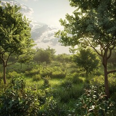 Obraz premium Vibrant Agroforestry Landscape: Lush Greenery under Sunlight