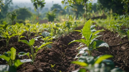 Lush Agroforestry Farm with Young Saplings and Vibrant Agricultural Plants
