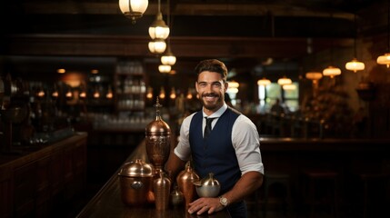 Confident male bartender with a welcoming smile, standing behind a bar counter with cocktail accessories