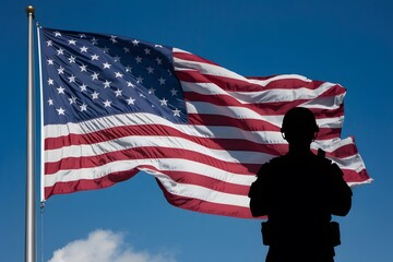 A patriotic scene of American flag and soldier with blue sky background.