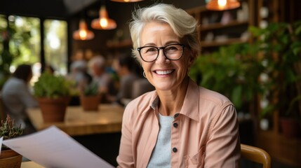 Confident and stylish senior woman examining a menu with a happy smile in a bustling cafe atmosphere