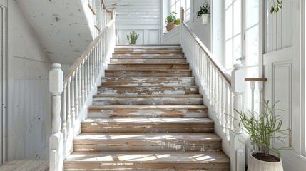 A farmhouse-style American staircase with distressed wood steps and a white wooden railing, in a bright, airy home