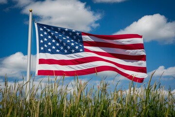 A vibrant patriotic tribute to Memorial Day with American flag and blue sky backdrop.
