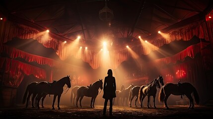 A silhouetted woman stands before horses in a moody, theatrical circus setting with dramatic lighting
