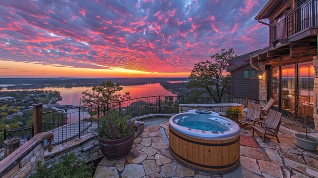 Scenic possum kingdom lake sunset view from cedar tub on hilltop overlooking the water