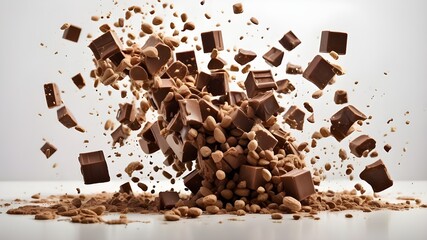 Milk chocolate bar cubes falling and splattering over a white background, isolated