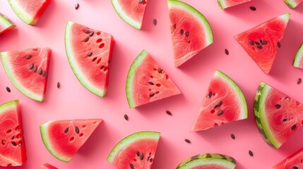 Ripe watermelon slices arranged in a seamless pattern on a vibrant pink background