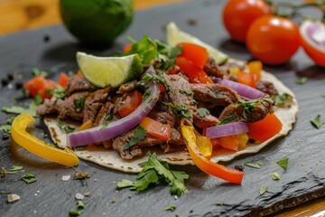Gourmet Cultured Meat Taco with Colorful Vegetables and Lime on Slate Board