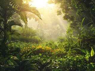 Naklejka premium Lush Agroforestry Landscape with Vibrant Green Foliage and Natural Lighting