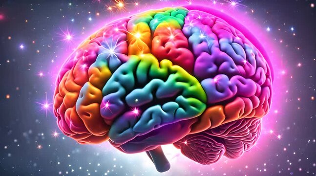 The human brain exploded with bright rainbow powder and sprayed
