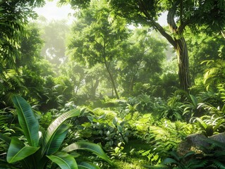 Obraz premium Lush Agroforestry Paradise â€“ Tranquil Landscape with Rich Flora and Sunlit Canopy
