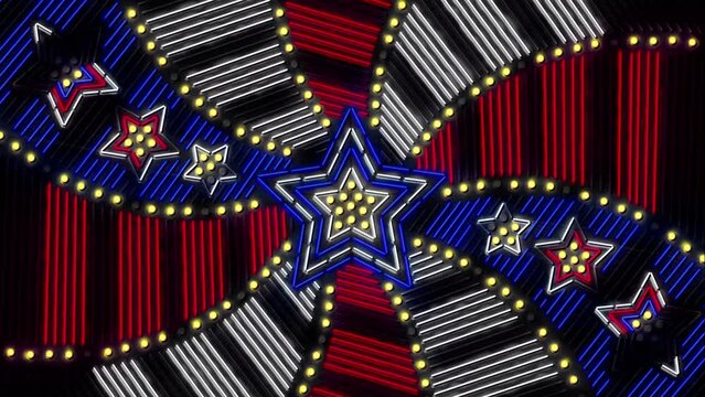 Neon sign animation in USA colors, red, white, blue. Fourth of July American Independence Day and patriotic themes, also for celebrations. There are several loopable sections.