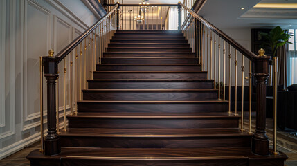A luxurious American-style staircase with dark walnut steps and a brass railing, in a home with elegant, modern decor