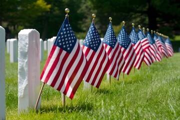 Patriotic display of American flags among gravestones in a peaceful cemetery field.