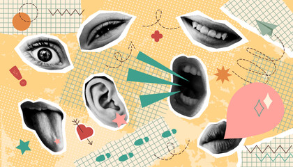 Banner in vintage new nostalgia collage style. New nostalgia background. Paper halftone human parts of body. Retro vector pop art design.