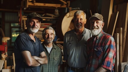 Fototapeta premium Generations of carpenters in their family business workshop looking at the camera : Generative AI