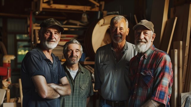 Generations of carpenters in their family business workshop looking at the camera : Generative AI