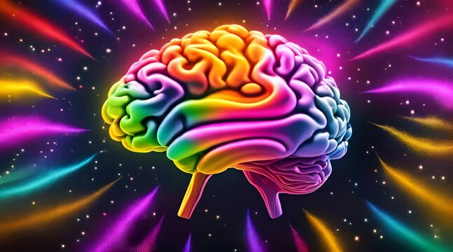 The human brain exploded with bright rainbow powder and sprayed