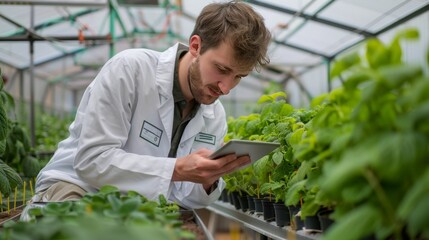 Plant scientist uses tablet to monitor greenhouse conditions for optimal plant growth, Created with Generative AI.