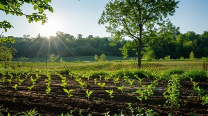 Obraz premium Tranquil Agroforestry Landscape with Young Trees and Crops Bathed in Natural Light