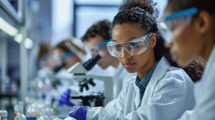 A group of scientists are working in a chemistry lab. 