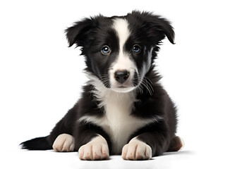 Fototapeta premium cute puppy in black and white color. an isolated dog. Concept of care, animal life, health, show, breed of dog. Copy space 
