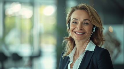 Happy IT tech agency call center agent with headset for online consulting. Female support specialist providing virtual assistance to web users or work hotlines.