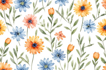 Watercolor Floral Seamless Pattern with Blue and Orange Flowers