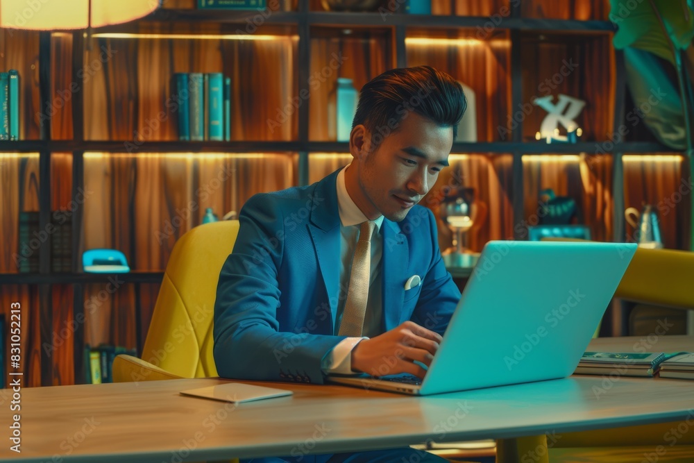 Poster office worker with laptop, grin, typing email, proposal, or online report networking at startup. hap