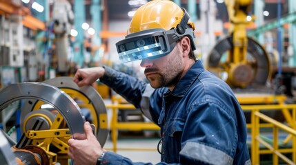 Worker uses AR glasses to assemble machinery, providing real-time guidance and improving accuracy, Created with Generative AI.