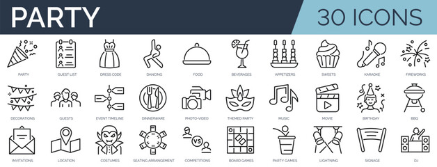 Set of 30 outline icons related to party. Linear icon collection. Editable stroke. Vector illustration