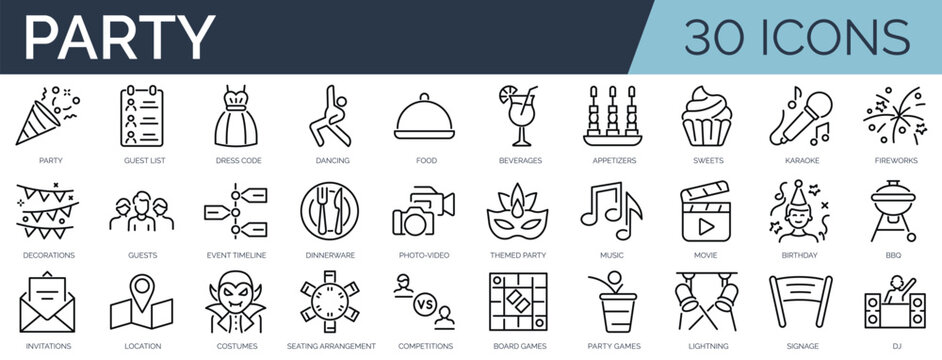 Set of 30 outline icons related to party. Linear icon collection. Editable stroke. Vector illustration