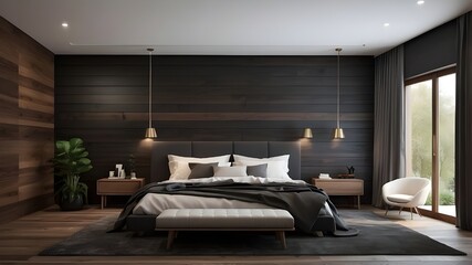 dark wood wall in the bedroom
