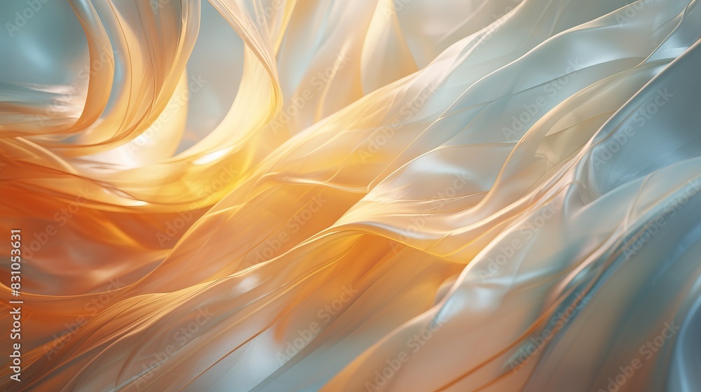Poster abstract digital art with flowing lines in warm orange and cool blue tones, creating a sense of moti