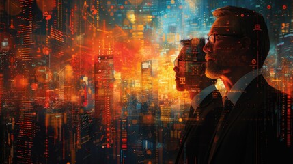 A man stand in front of a futuristic city. abstract color background