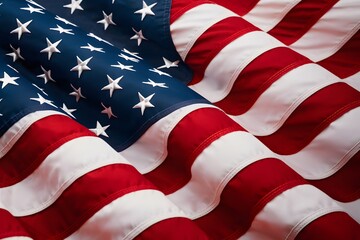Close-up view American flag showcases vibrant design, stripes, stars against blue field. Pride & unity.