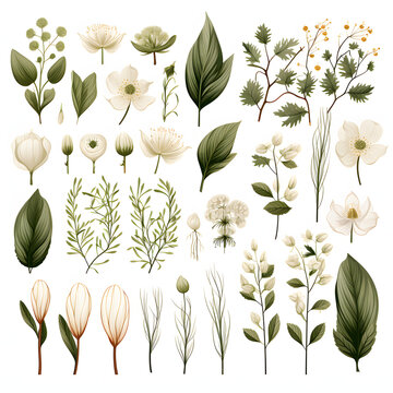 set of Bear grass, plants, leaves and branches. Vector illustrations of beautiful realistic flowers for background, pattern or wedding invitations