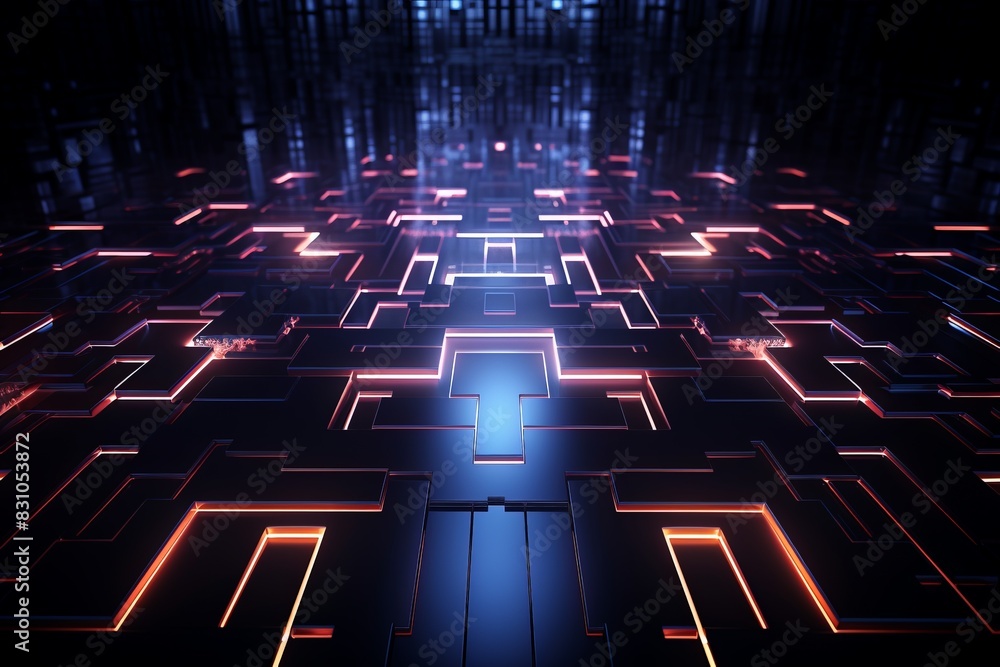 Poster abstract futuristic neon lights within a dark room illuminate geometric shapes, creating a high-tech