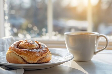 A Delicious Cinnamon Roll With Sugar Powdered On Top On a Plate, A Cup Of Coffee In The Back, Closeup, Daylight, Bakery Advertise Concept - Powered by Adobe