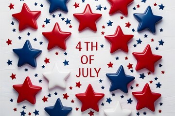 Patriotic stars in red, blue, white celebrating Independence Day with bold 4th OF JULY text.