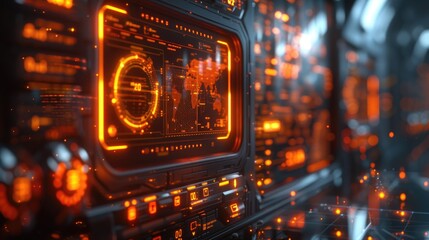 Obraz premium a control panel of a futuristic spaceship. The panel is made of dark metal and has several orange lights and displays.