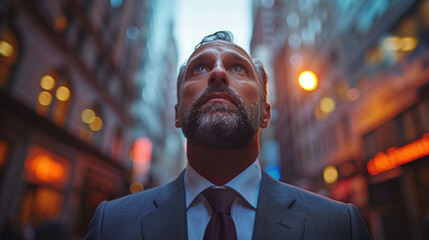A man in a suit looks up at the sky with a determined expression.