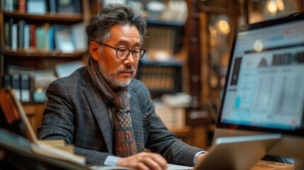 A thoughtful Asian man wearing glasses and a scarf is looking at a computer screen. 