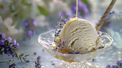 A scoop of velvety lavender honey ice cream served in a delicate crystal dish.