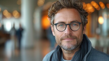 Fototapeta premium The bearded man is wearing glasses and a scarf. He has a friendly expression on his face. The background is blurred.