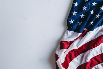 American flag draped against white backdrop, vibrant colors and slight creases create dynamic image.