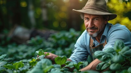 A farmer wearing a hat and apron is inspecting his basil crop.