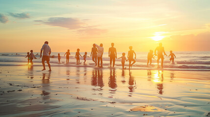 Unknown people walk at the bach and enjoy summer